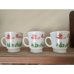 Tom and Jerry Egg Nog Milk Glass Cup Footed Set of 3, Hazel Atlas Vtg Red Green
